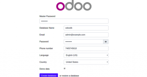 设置Odoo ERP的数据库详细信息