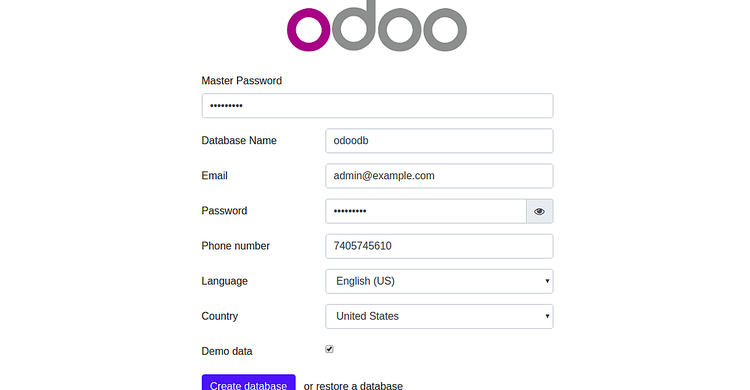 设置Odoo ERP的数据库详细信息